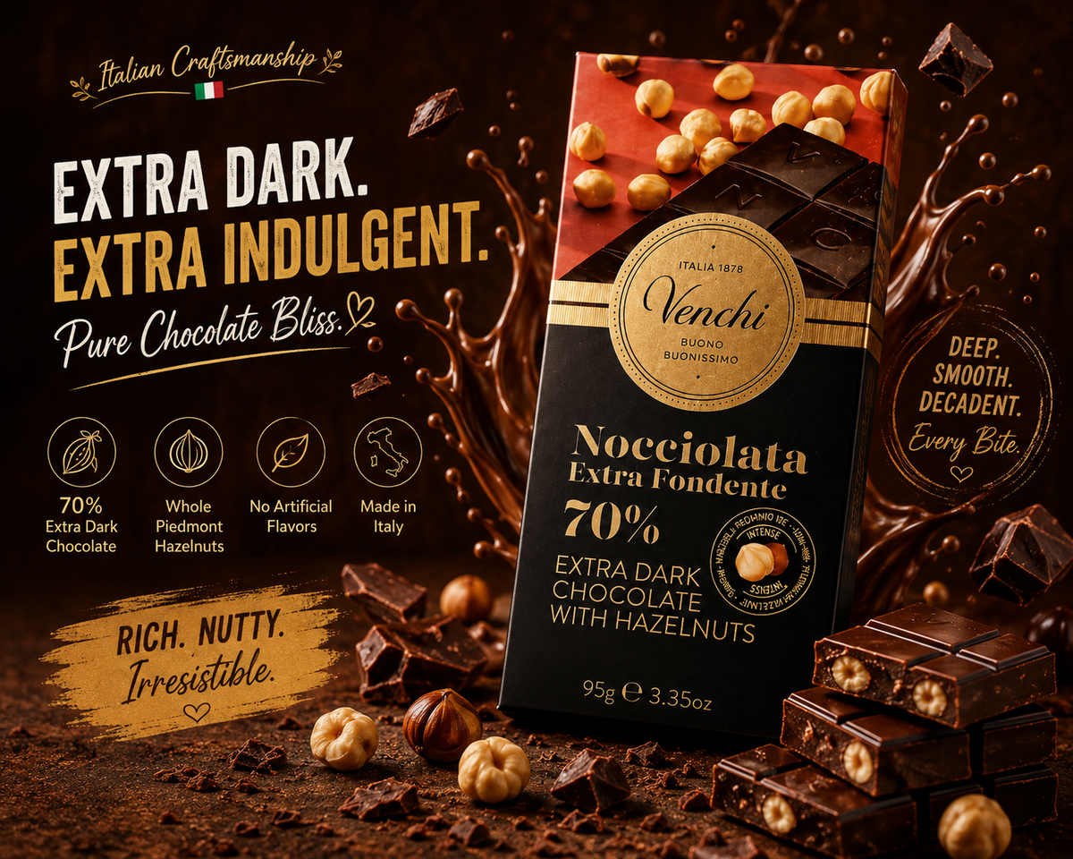 Venchi Nocciolata Fondente 70% Dark Chocolate & Whole Hazelnuts Bar - 95g