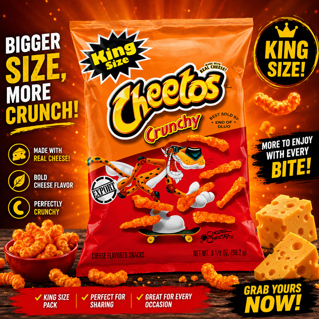 Frito Lay Cheetos King Size Crunchy Cheese Flavored Snack 3.49 oz ℮ 99 g