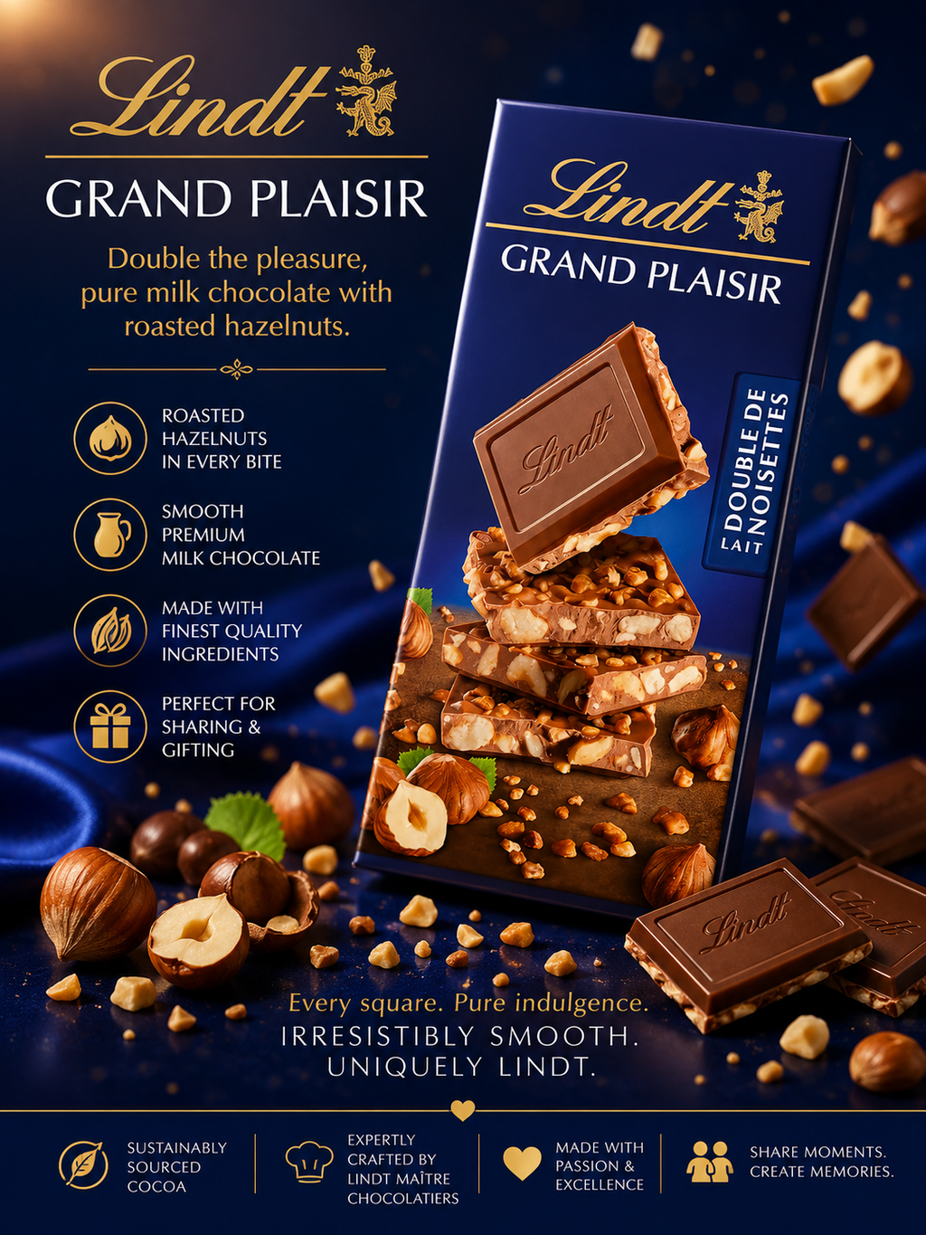 Lindt Milk Hazelnut Chocolate Bar 150g (Pack of 02) - Grand Plaisir Lait Double De Noisettes