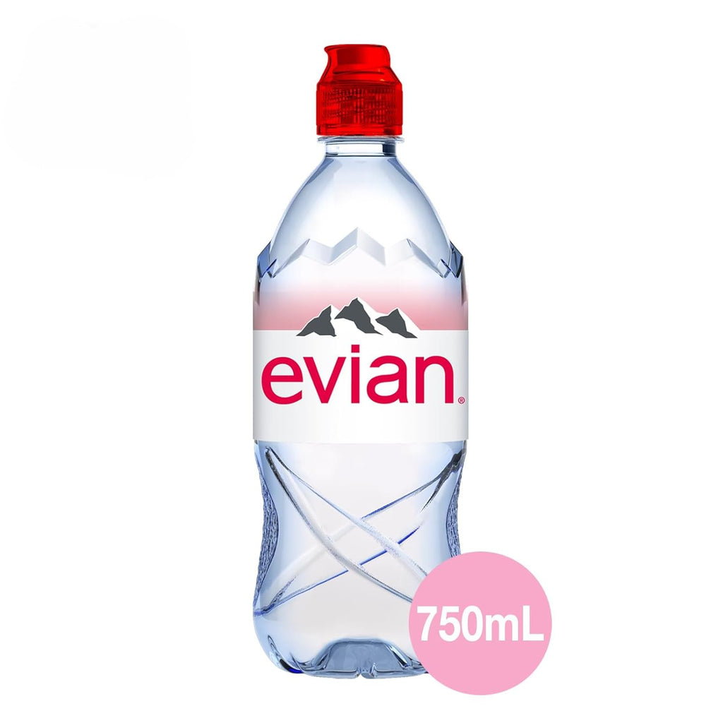 Evian Bottled Water 750ml - Naturally Filtered Drinking Water, Case of 12 Sports Cap Water Bottles