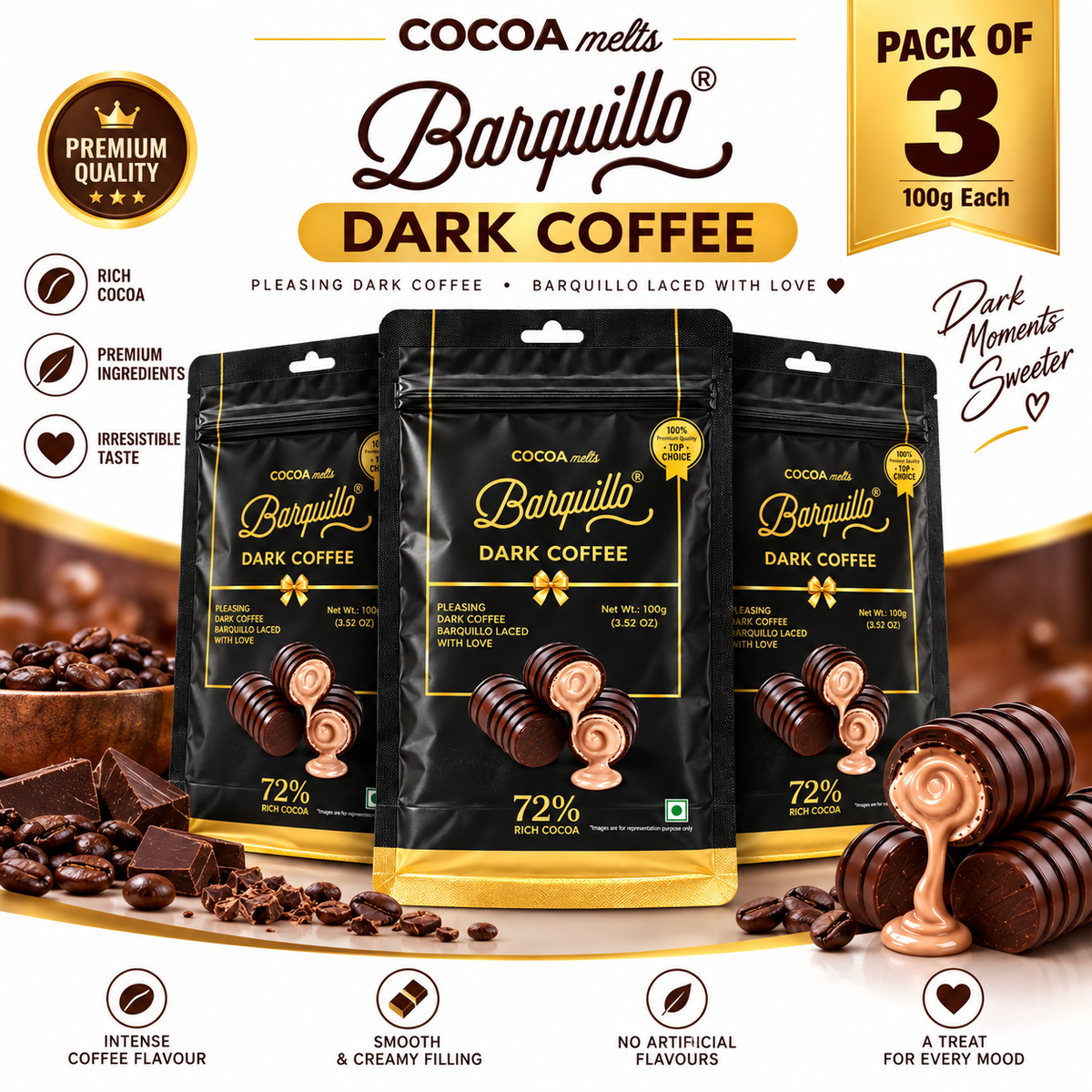 Barquillo Dark Coffee – 72% Rich Cocoa 100 g ( UAE) Pack of 3