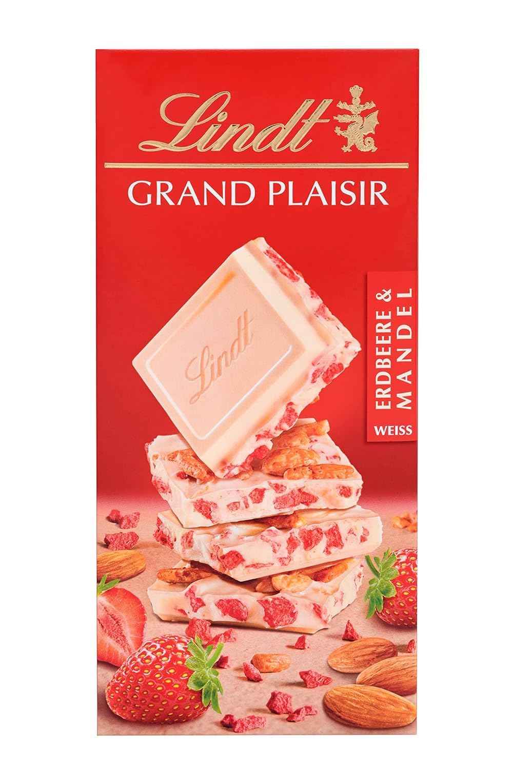 Lindt Grand Plaisir White Chocolate Bar with Strawberries and Almonds, Premium Swiss Chocolate, Weiss 150g (Product Of Austria) (Pack of 02)