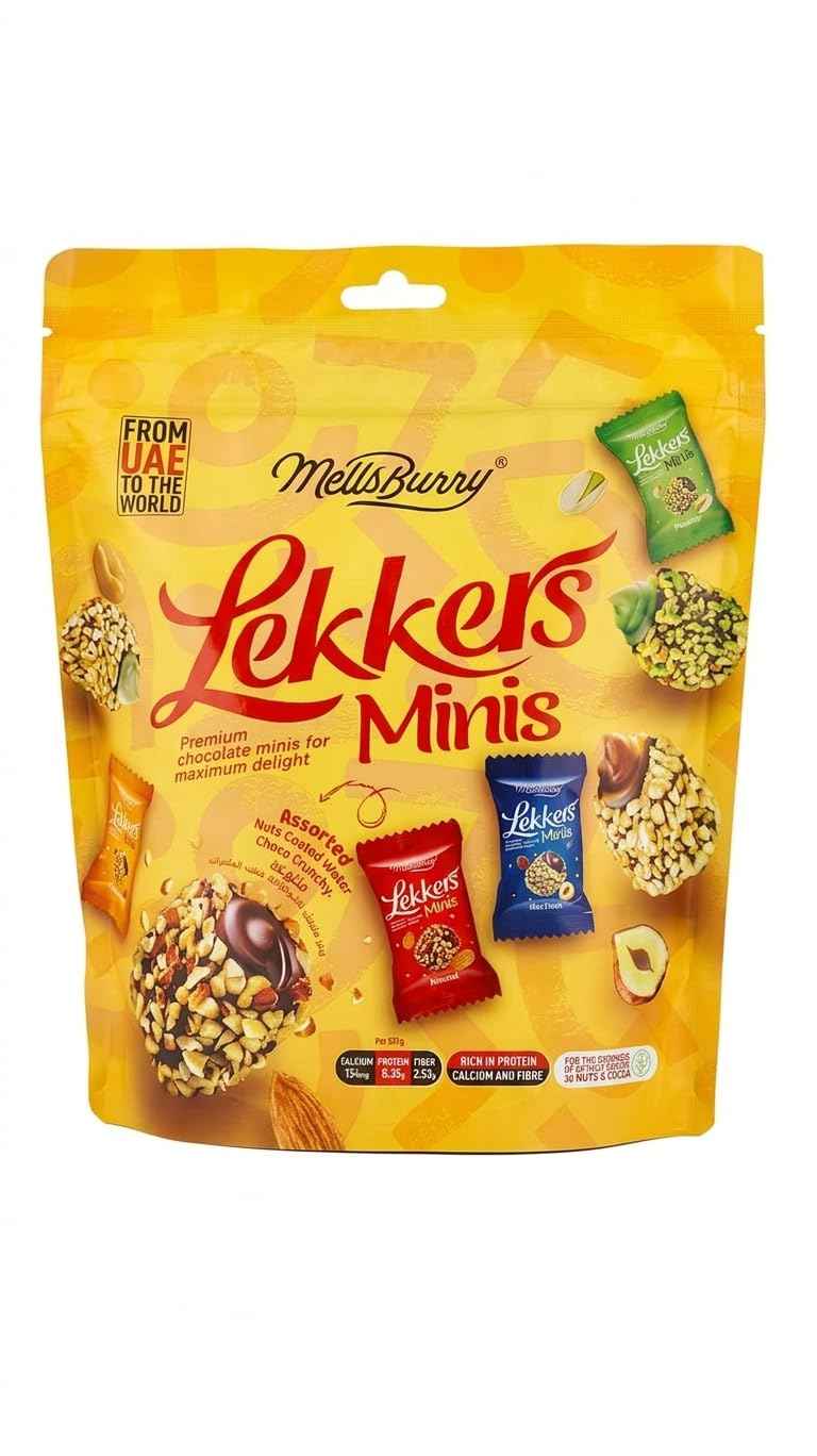 MellsBurry Lekkers Minis Assorted Hazelnut Chocolate Wafer Bites, Nuts Coated Crunchy Snack, 150g
