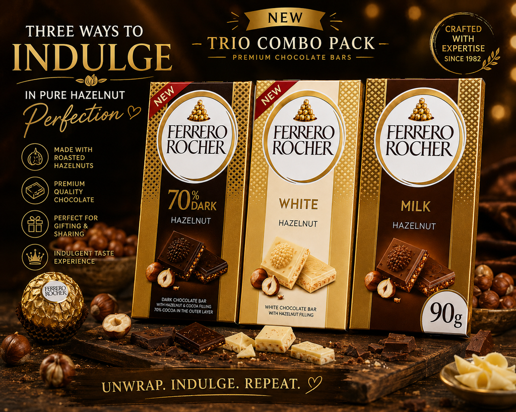 Ferrero Rocher Chocolate Bar Trio Pack | Imported Dark, Milk & White Hazelnut (Italy)
