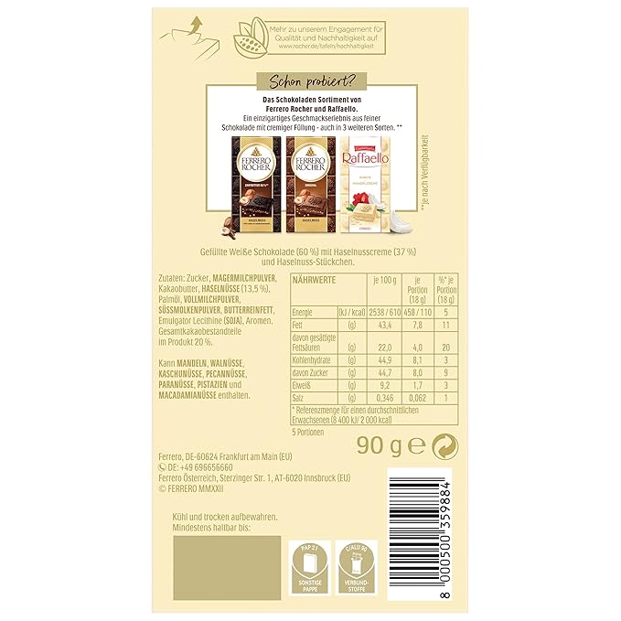 Ferrero Rocher White Chocolate Bar with Hazelnuts - 90 Gram