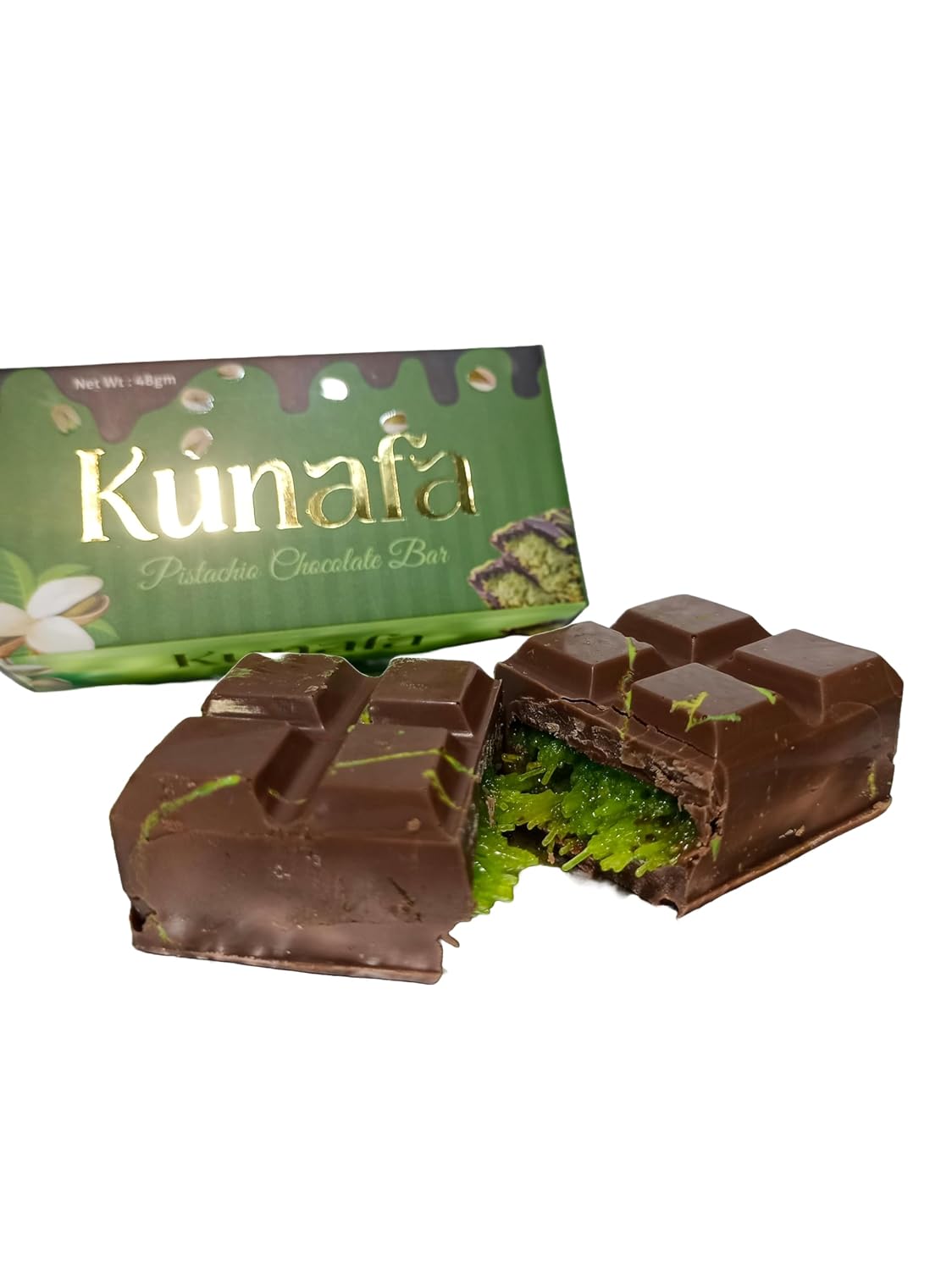 Kunafa Pistachios Chocolate Bar a Popular Middle-Eastern Dessert Each 48g (Pack of 02)