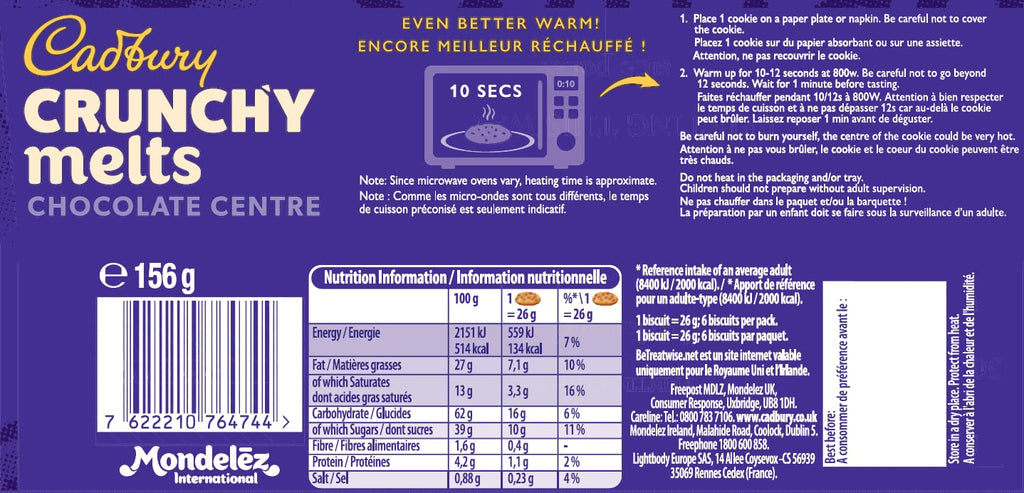 Cadbury Crunchy Melts Chocolate Chip Cookies with Soft Melting Centre Biscuit, 156g ( Pack of 2 ) (UK)