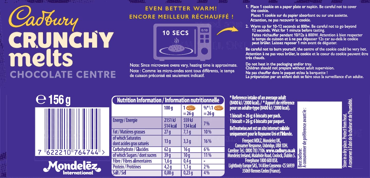 Cadbury Crunchy Melts Chocolate Chip Cookies with Soft Melting Centre Biscuit, 156g ( Pack of 2 ) (UK)