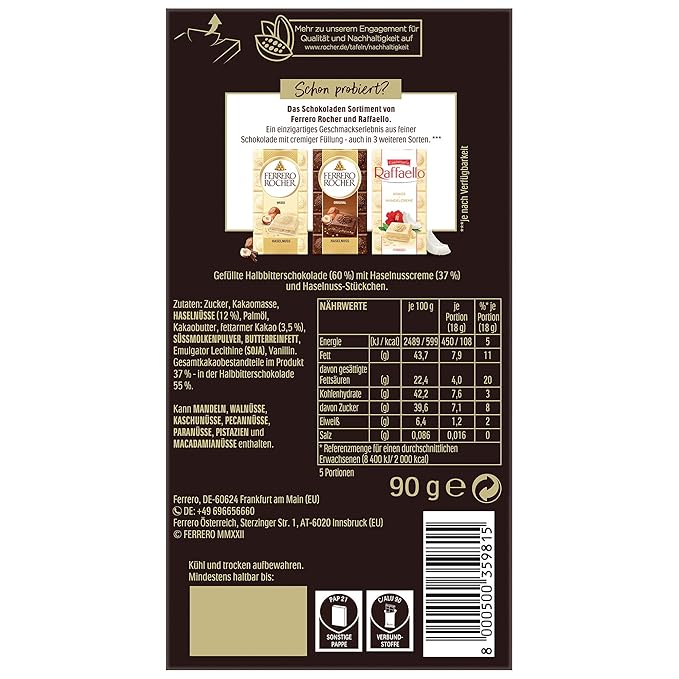 Ferrero Rocher Dark Chocolate 55% Hazelnut 90g UK - Premium Chocolate Delight