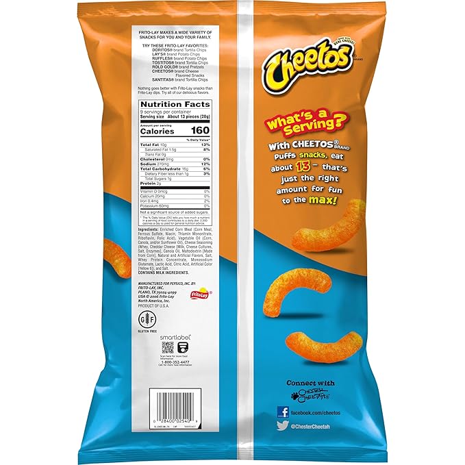 Frito-Lay Cheetos Puffs Cheese Flavored Snack, 9 Oz 255.1 G (Pack of 02)
