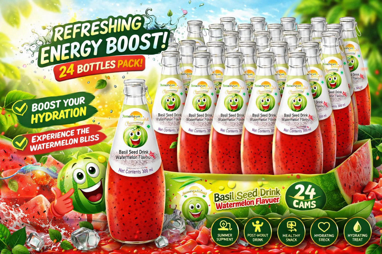 American Delight Watermelon Basil Seed Drink Pack of 24 - Refreshing Hydration