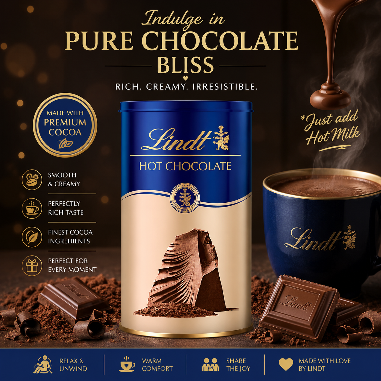 Lindt Swiss Hot Chocolate Mix 300g – Indulge in Rich and Creamy Swiss Beverage in Signature Blue Tin