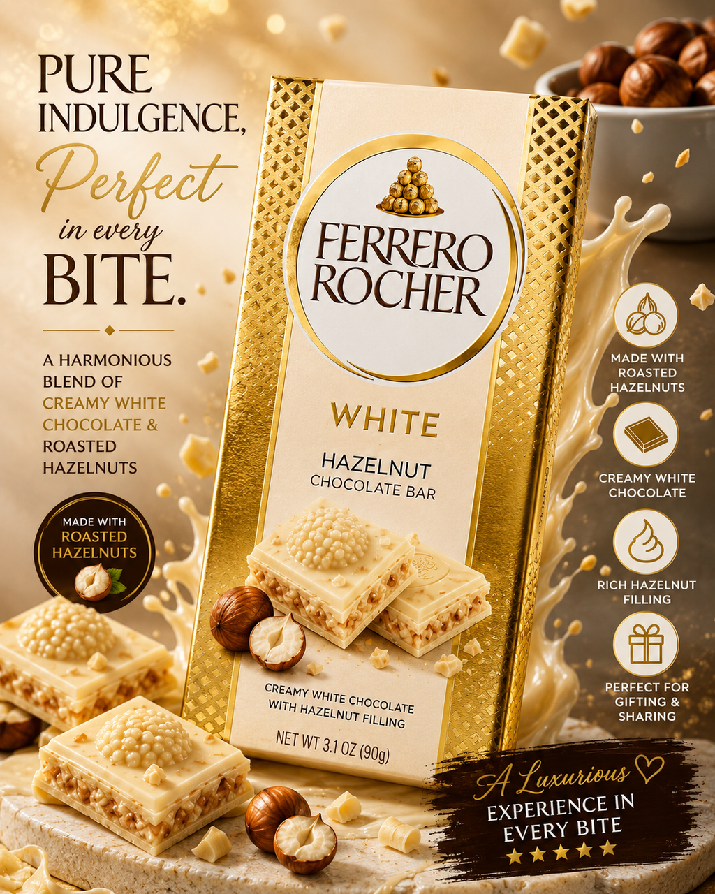 Ferrero Rocher White Hazelnut Chocolate Bar 90Gm (Pack of 02) (Italy)