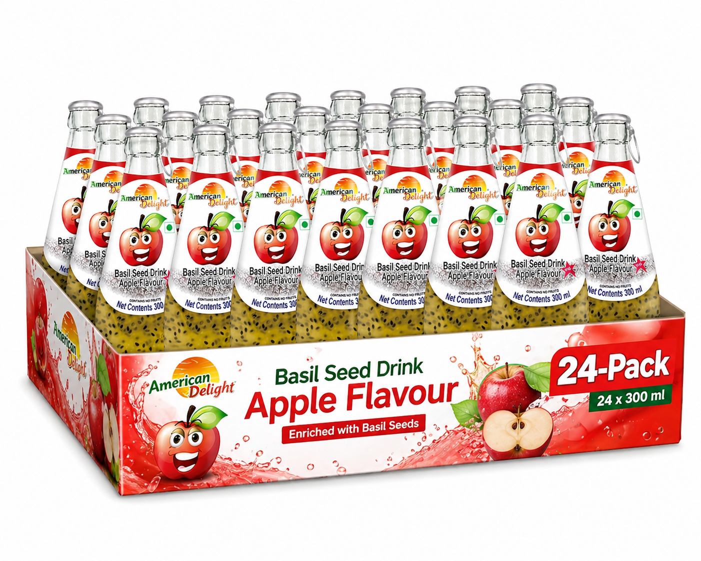 American Delight Apple Basil Seed Drink | Pack of 24 x 300ml | Ready to Serve Refreshing Beverage