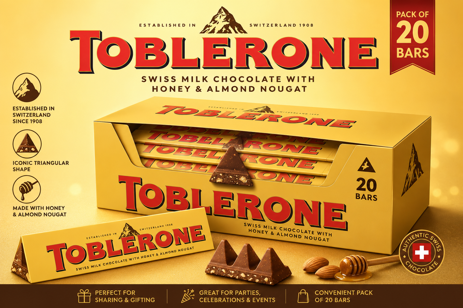 Toblerones Milk Chocolate with Honey & Almond Nougat, 20 x 100g, ( Pack Of 20 ) ( Switzerland )