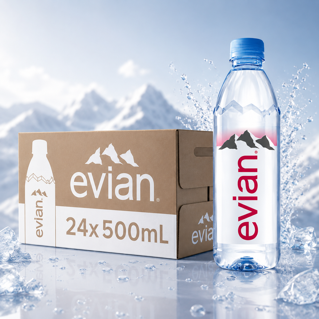 Evian Mineral Water 500ml Bottles - Naturally Filtered Drinking Water Case of 24