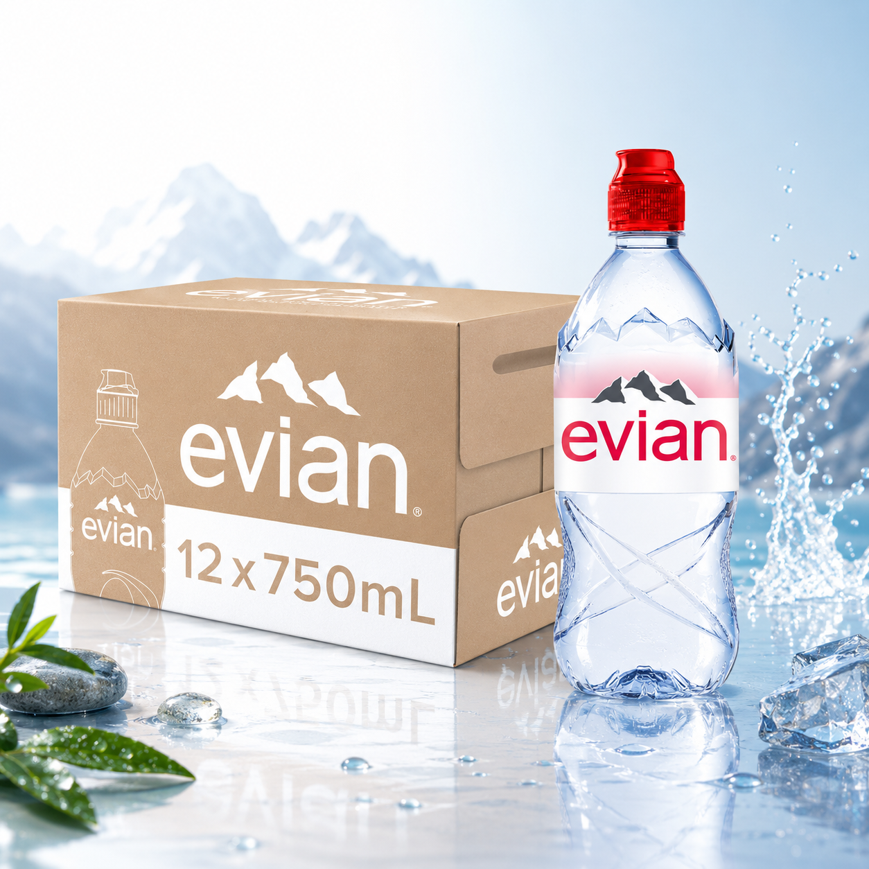 Evian Bottled Water 750ml - Naturally Filtered Drinking Water, Case of 12 Sports Cap Water Bottles