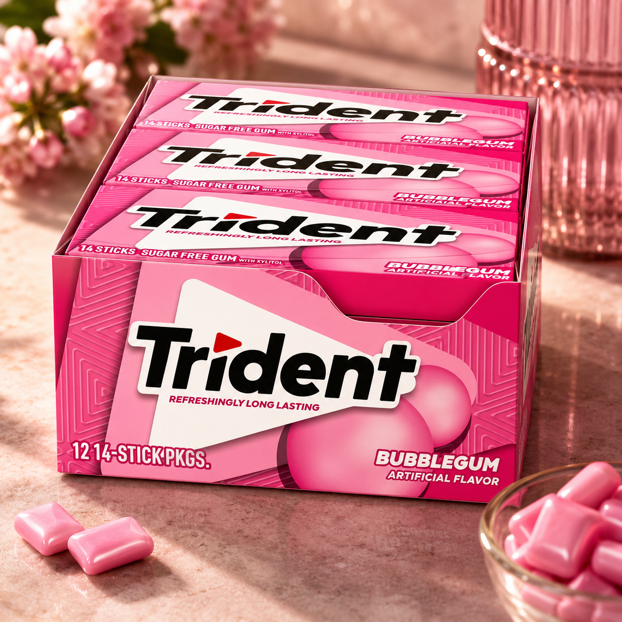 Trident Bubblegum Sugar Free Gum, 12 X 14