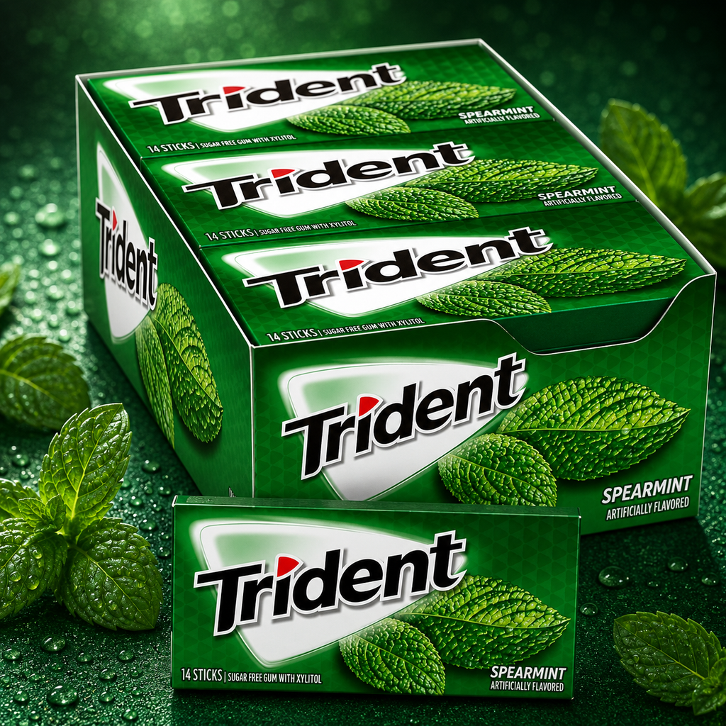 Trident Sugar Free Chewing Gum The Delicious Spearmint Flavoured 14 Sticks - 12 Pack (Imported)