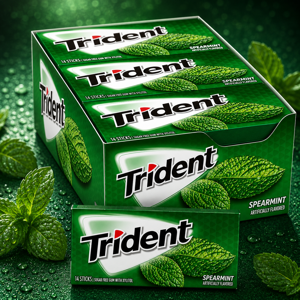 Trident Sugar Free Chewing Gum The Delicious Spearmint Flavoured 14 Sticks - 12 Pack (Imported)