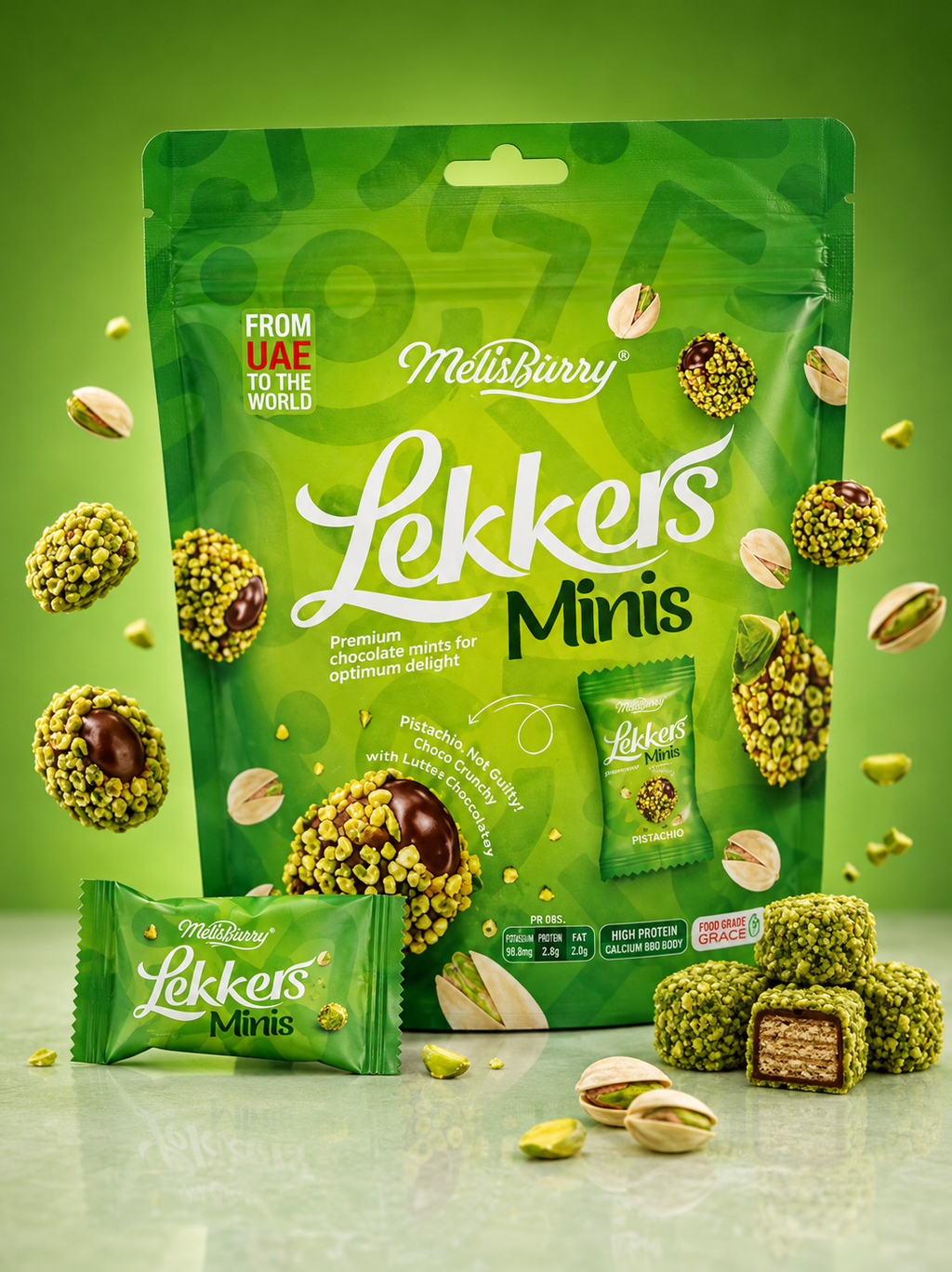 MellsBurry Pistachio Wafer - Lekkers Minis with Chocolate Shell, High Protein, 150g by Febora Foods
