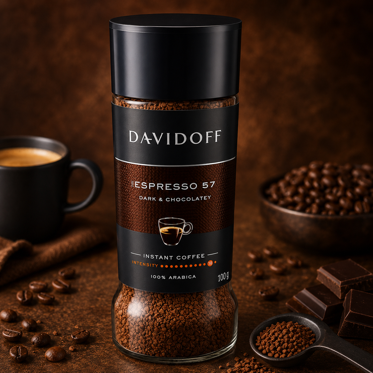 Davidoff Espresso 57 Intense Instant Coffee 100% Arabica, 3.53 oz ℮ 100 g, Granule, Glass Bottle