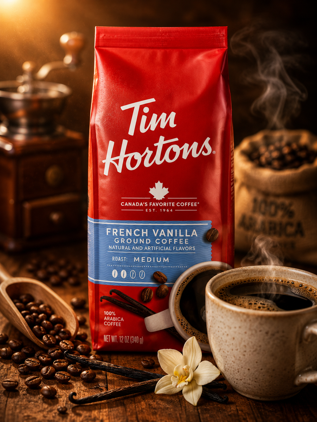 Tim Hortons French Vanilla Coffee - Medium Roast 100% Arabica Fine Grind