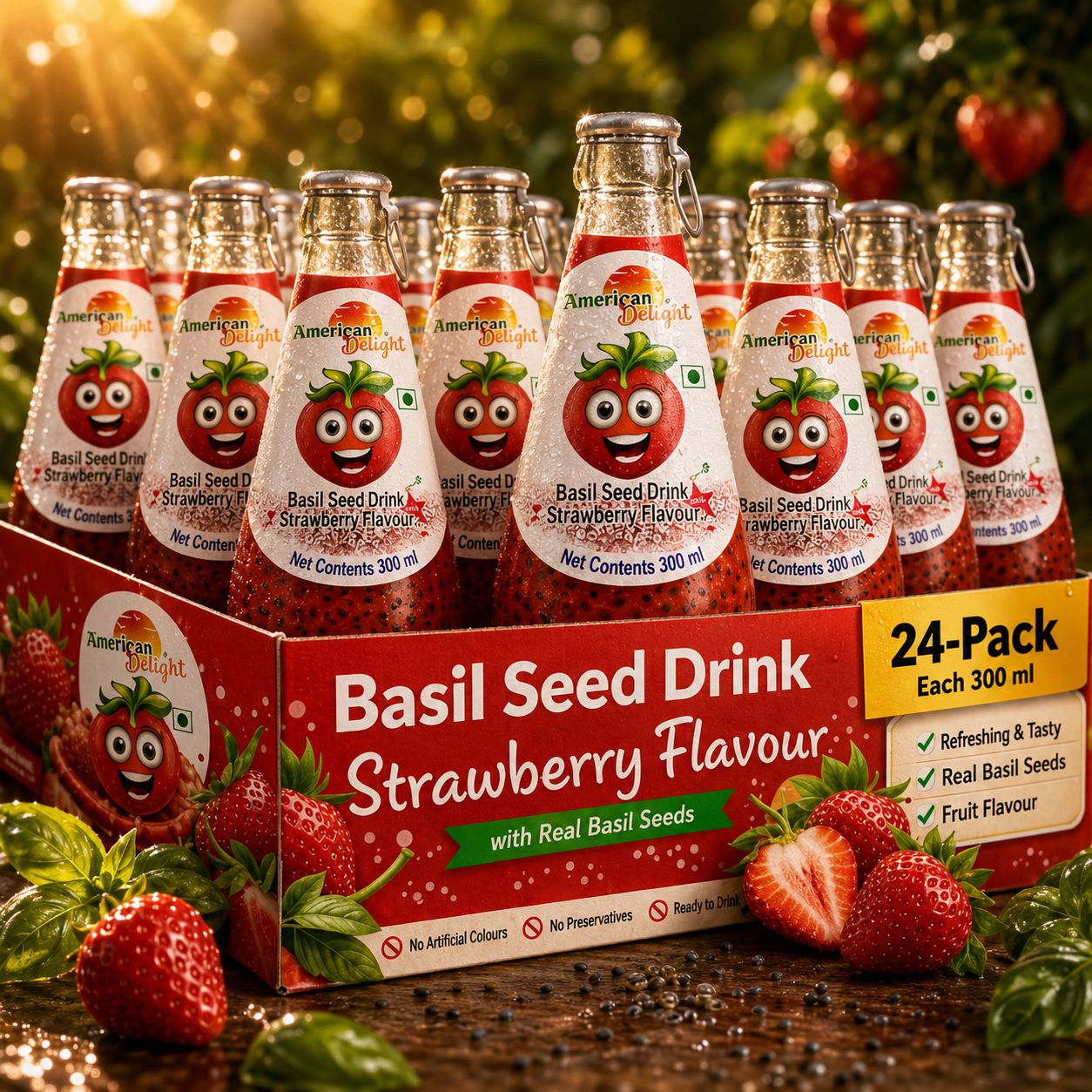 American Delight Strawberry Basil Seed Drink (Pack of 24 x 300ml) | Ready to Serve