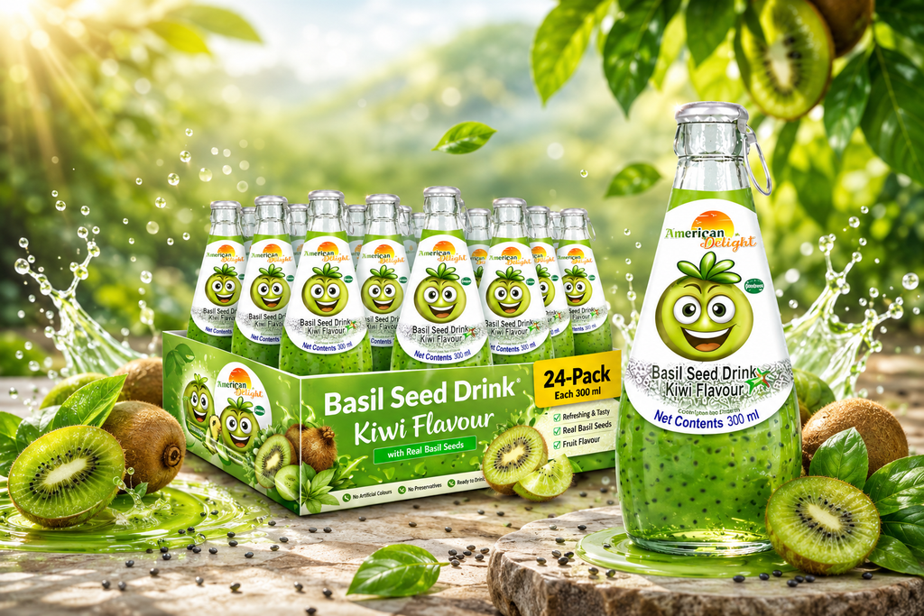American Delight Basil Seed Drink | Kiwi Flavored Fruit Drink with Basil Seeds | Pack of 24 x 300ml Each | Ready to Serve Refreshment