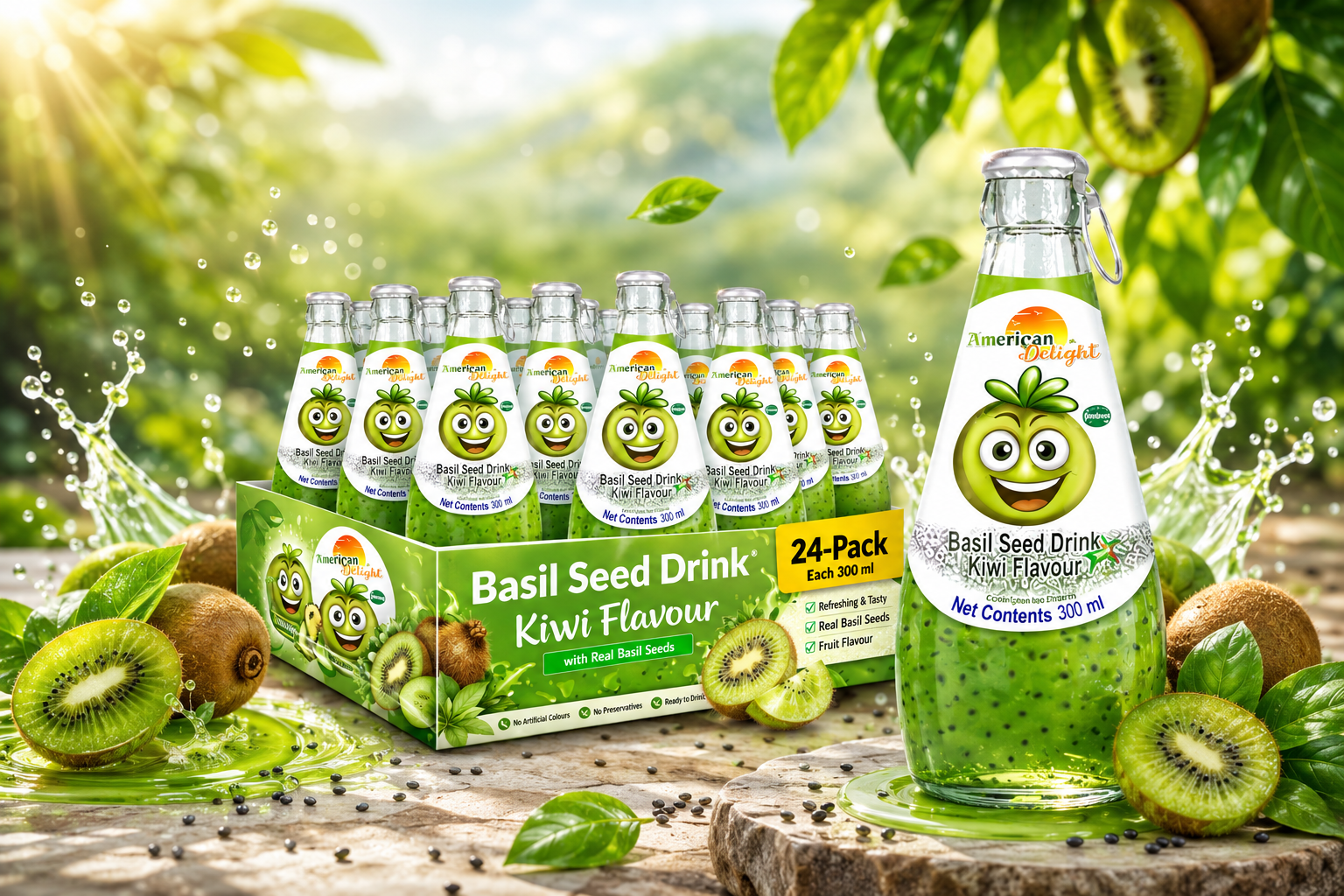 American Delight Basil Seed Drink | Kiwi Flavored Fruit Drink with Basil Seeds | Pack of 24 x 300ml Each | Ready to Serve Refreshment