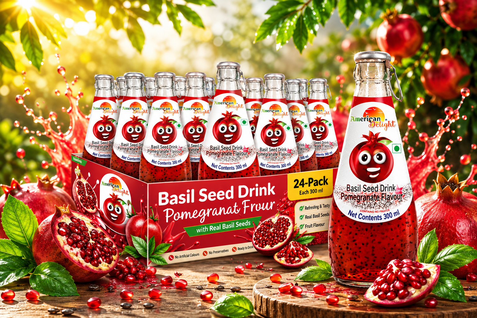 American Delight FlavoWhite Drink with Basil Seed - Pomegranate FlavoWhite Fruit Drink | Pack of 24 x 300ml Each