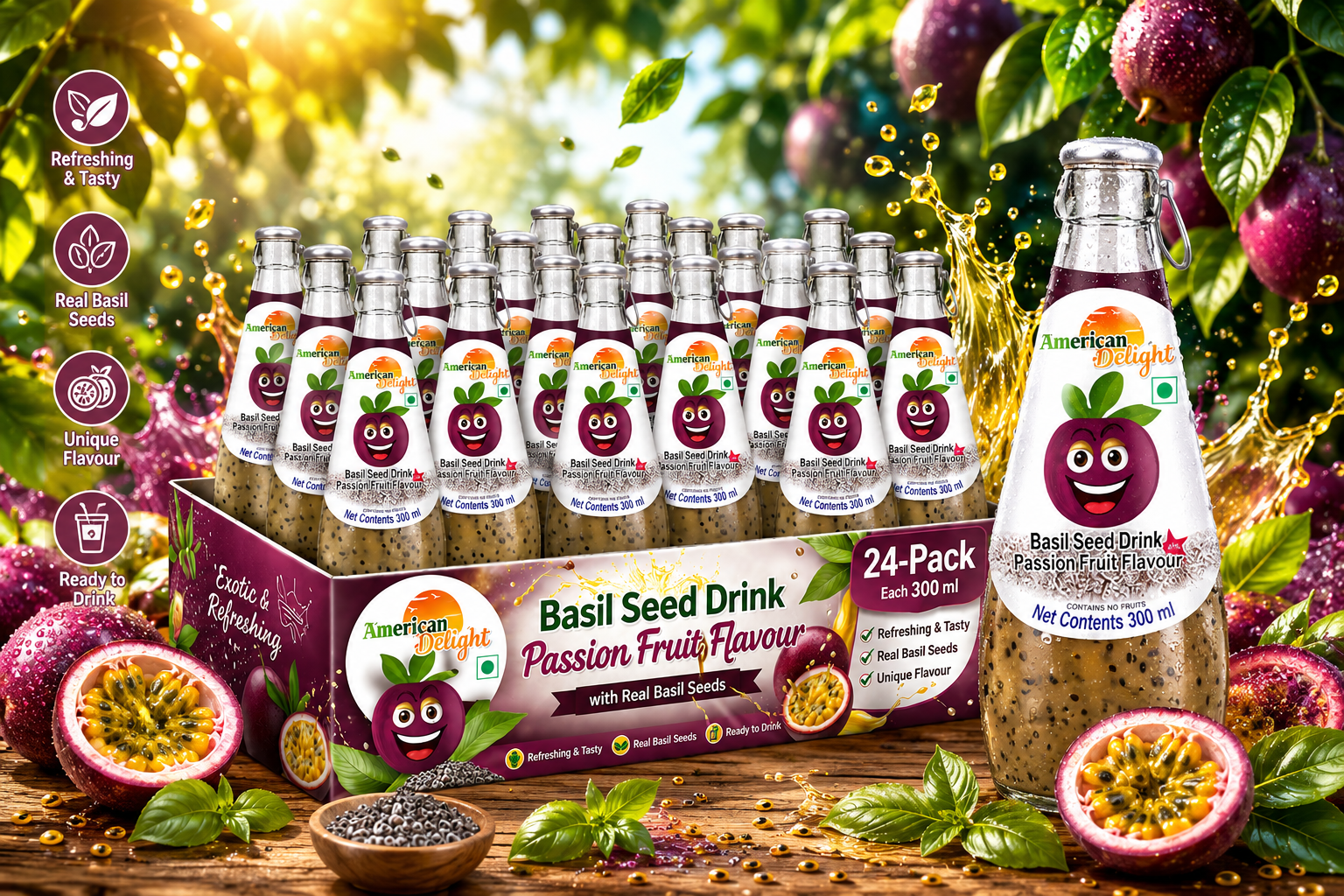 American Delight Basil Seed Drink with Passion Fruit Flavor | Pack of 24 x 300ml Ready to Serve
