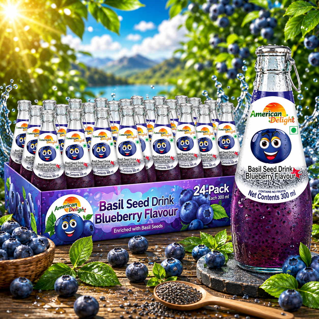 American Delight Blueberry Flavored Drink with Basil Seed - Ready to Serve Beverage (24x 300ml Pack)