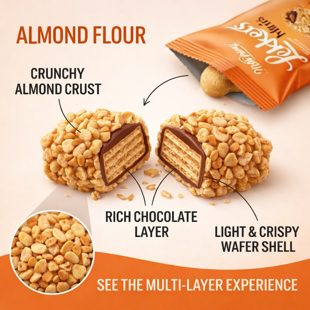 MellsBurry Almond Coated Chocolate Wafer Bites - Crunchy Nut Snack with Rich Chocolate Filling & Crispy Layers, 150g