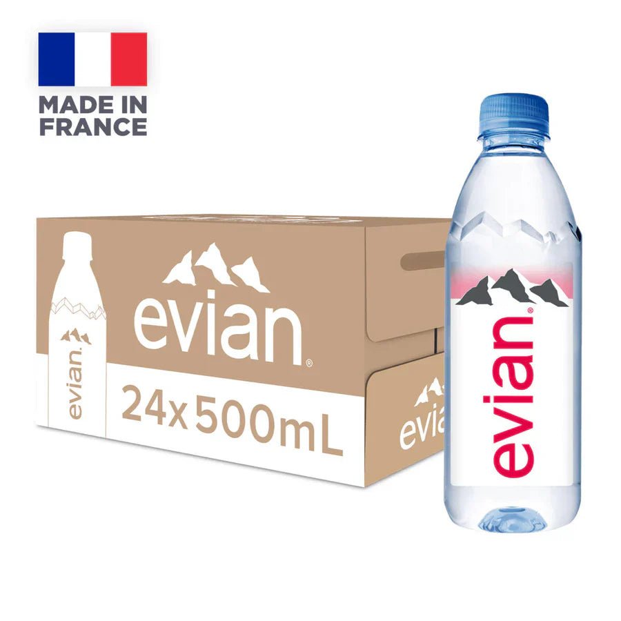 Evian Mineral Water 500ml Bottles - Naturally Filtered Drinking Water Case of 24