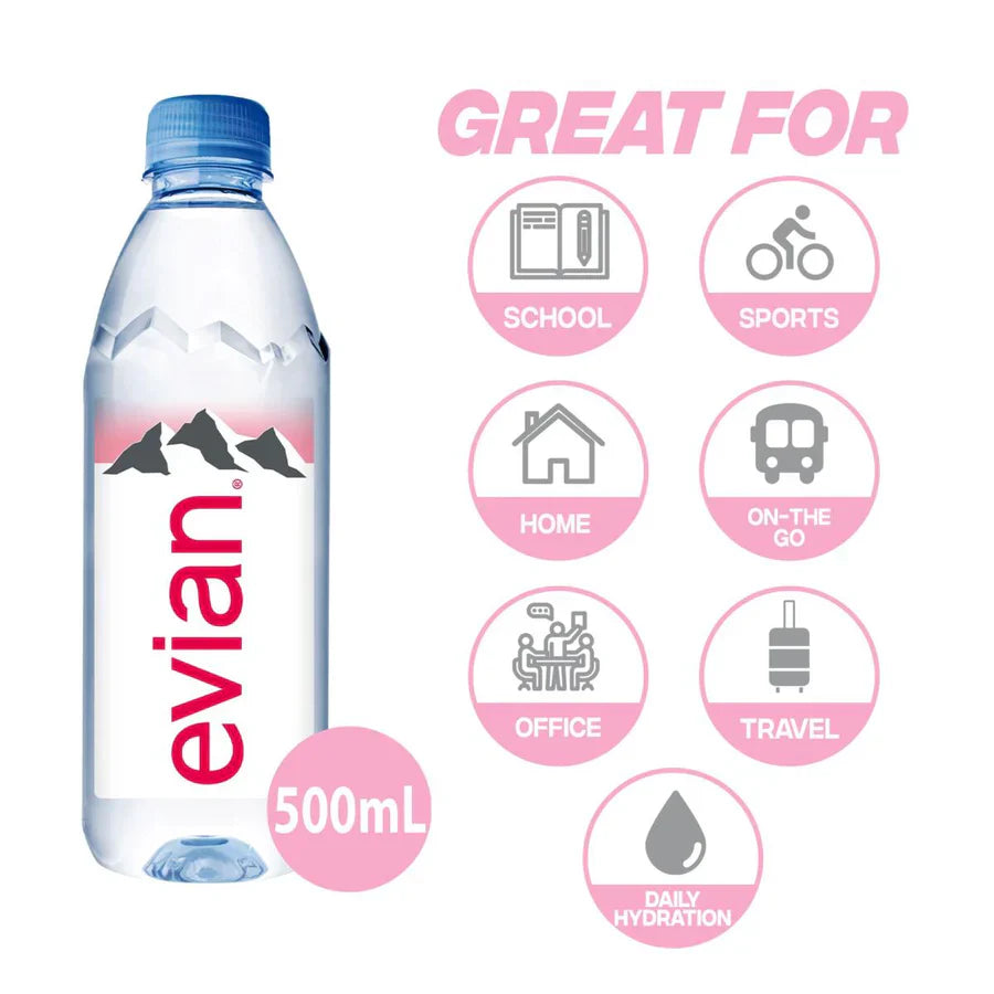 Evian Mineral Water 500ml Bottles - Naturally Filtered Drinking Water Case of 24