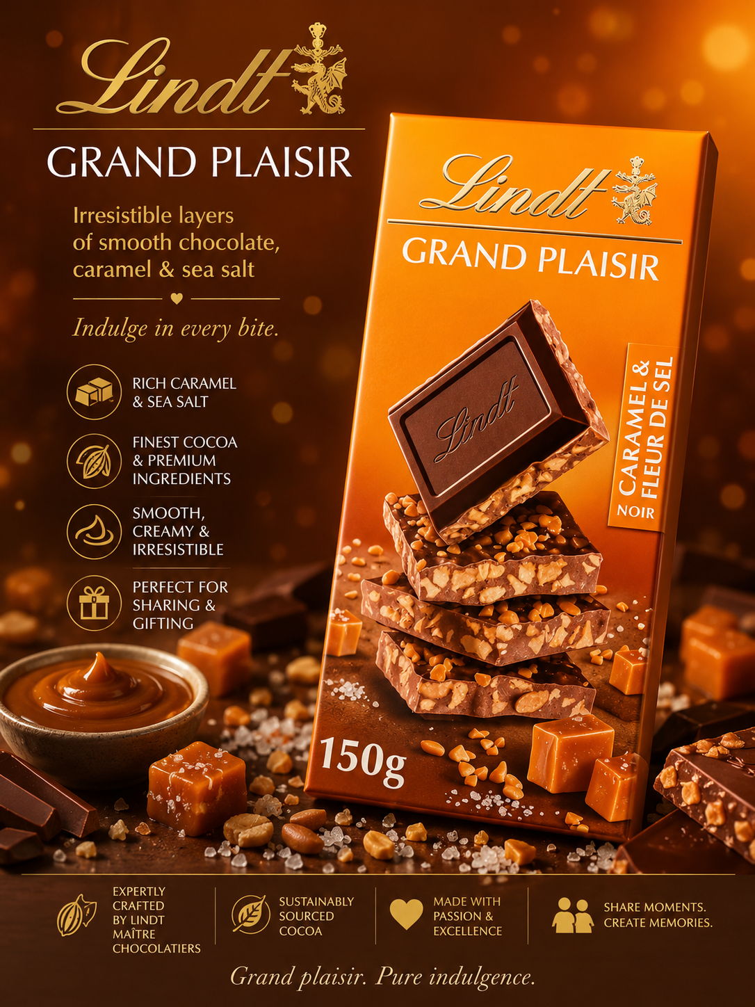 Lindt Grand Plaisir Dark Chocolate Bar with Caramel & Fleur de Sel - Premium Swiss Chocolate 150g (Austria) - 2 Pack