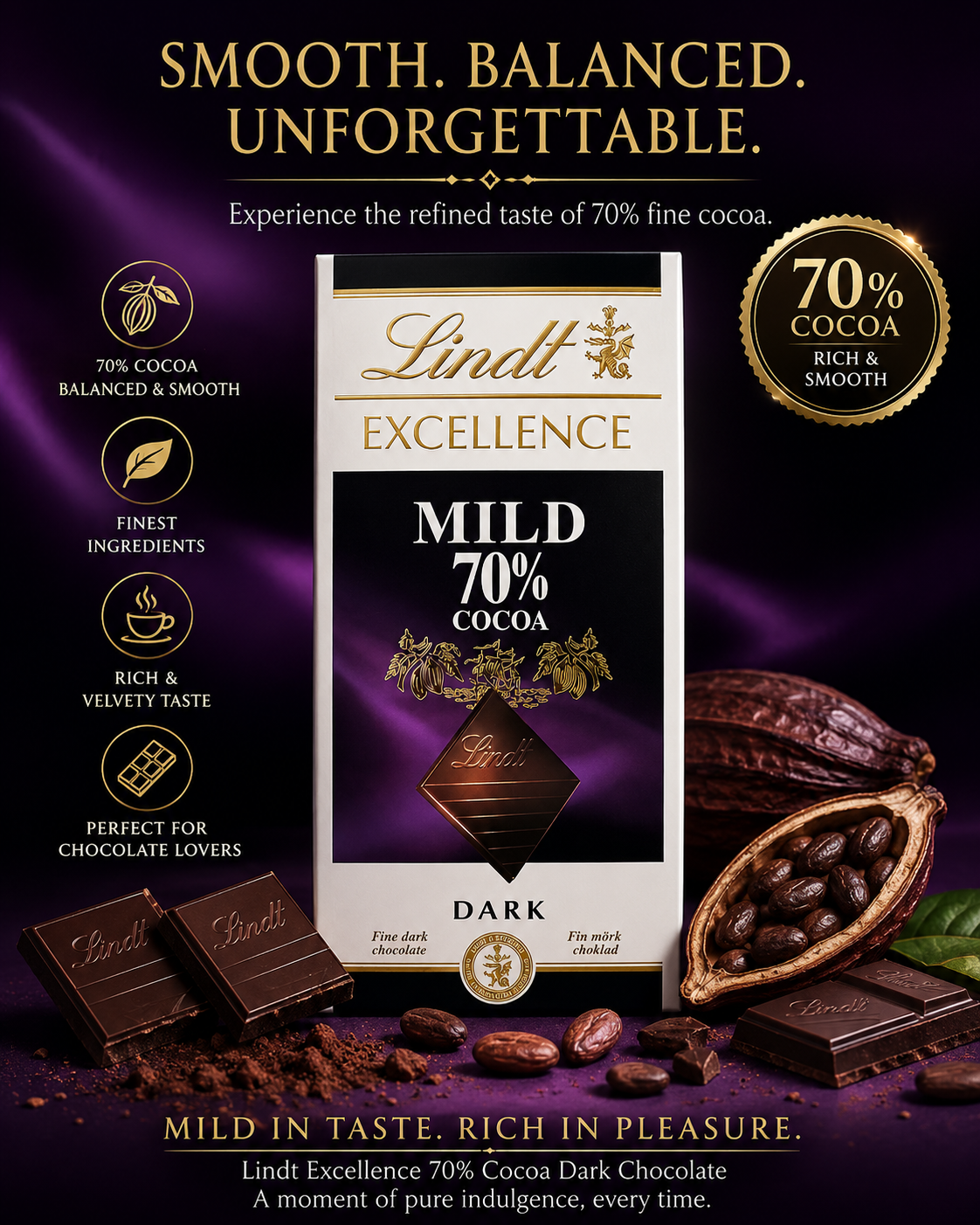 Lindt 70% Mild Dark Chocolate Bar, 100g - Pack of 2