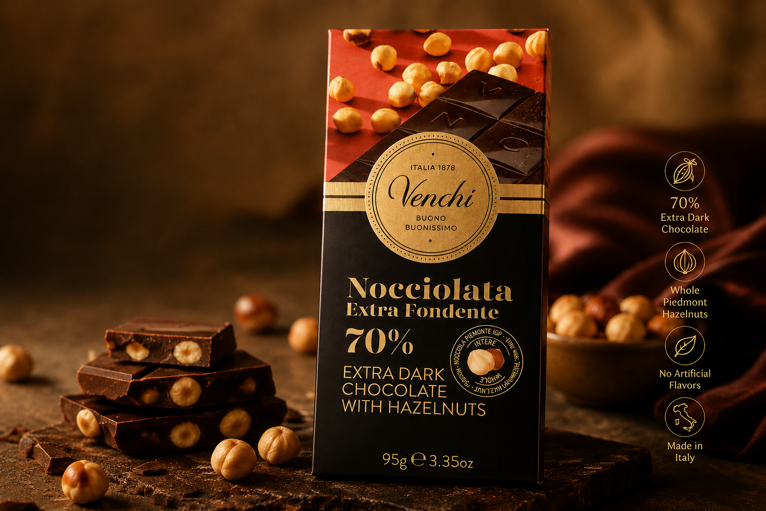 Venchi Nocciolata Fondente 70% Dark Chocolate & Whole Hazelnuts Bar - 95g