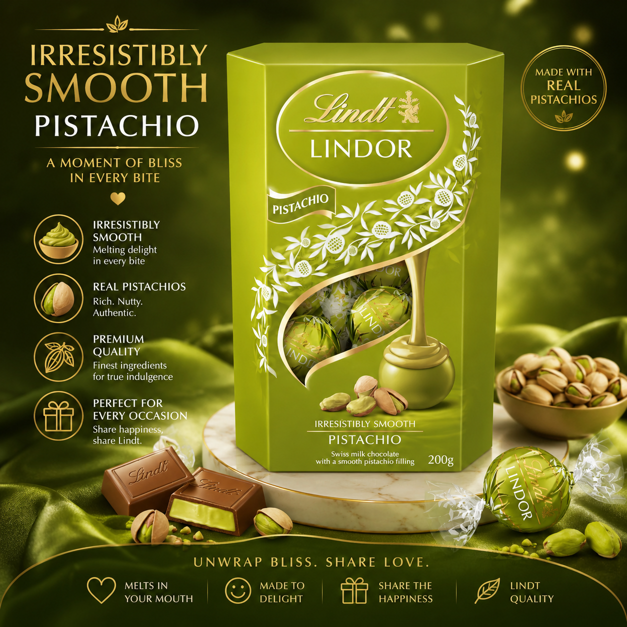 Lindt Lindor Pistachio Chocolate 200g - Irresistible Smooth Treat