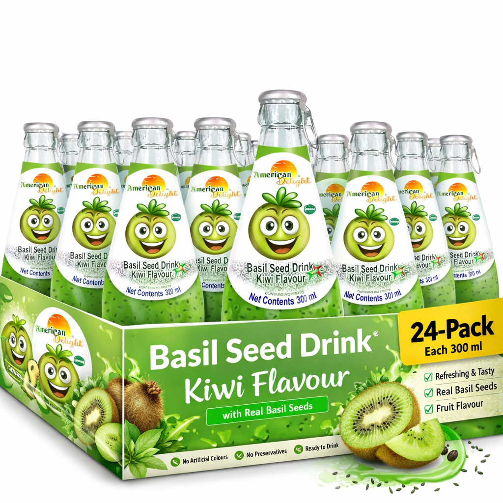 American Delight Basil Seed Drink | Kiwi Flavored Fruit Drink with Basil Seeds | Pack of 24 x 300ml Each | Ready to Serve Refreshment