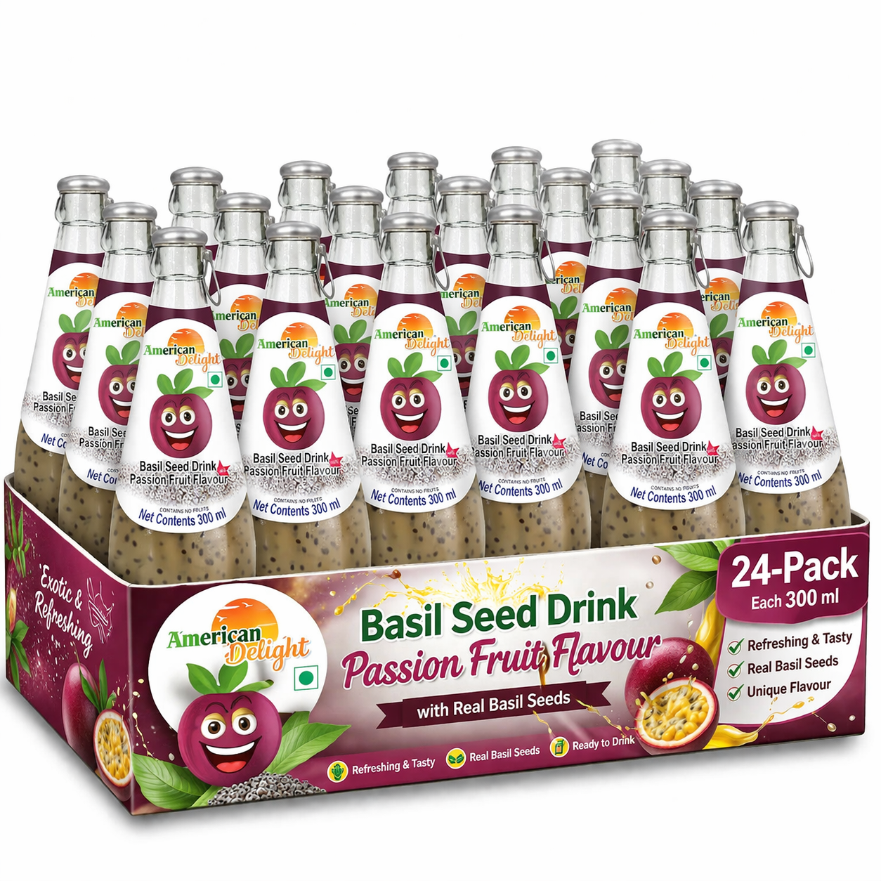 American Delight Basil Seed Drink with Passion Fruit Flavor | Pack of 24 x 300ml Ready to Serve