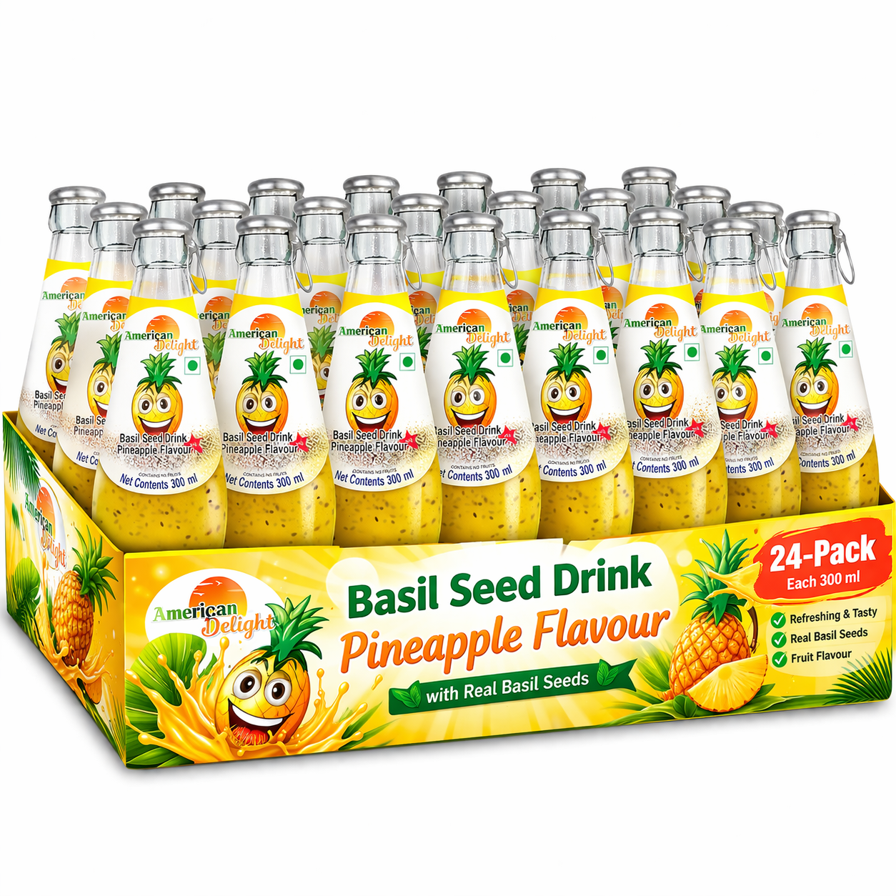 American Delight Pineapple Flavored Drink with Basil Seed - 24 Pack (300ml Each) Ready to Serve Refreshing Beverage
