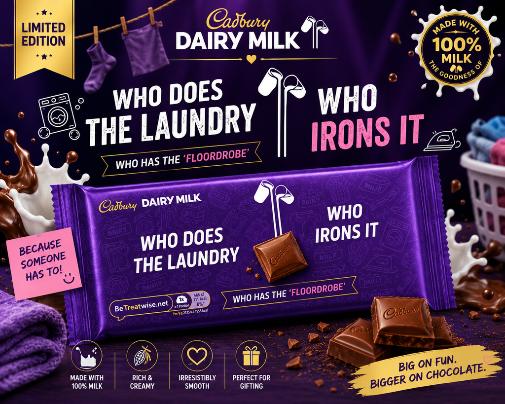 Cadbury Dairy Milk Limited Edition Milk Chocolate Bar – Who Does the Laundry / Who Irons It 180gm (UK)