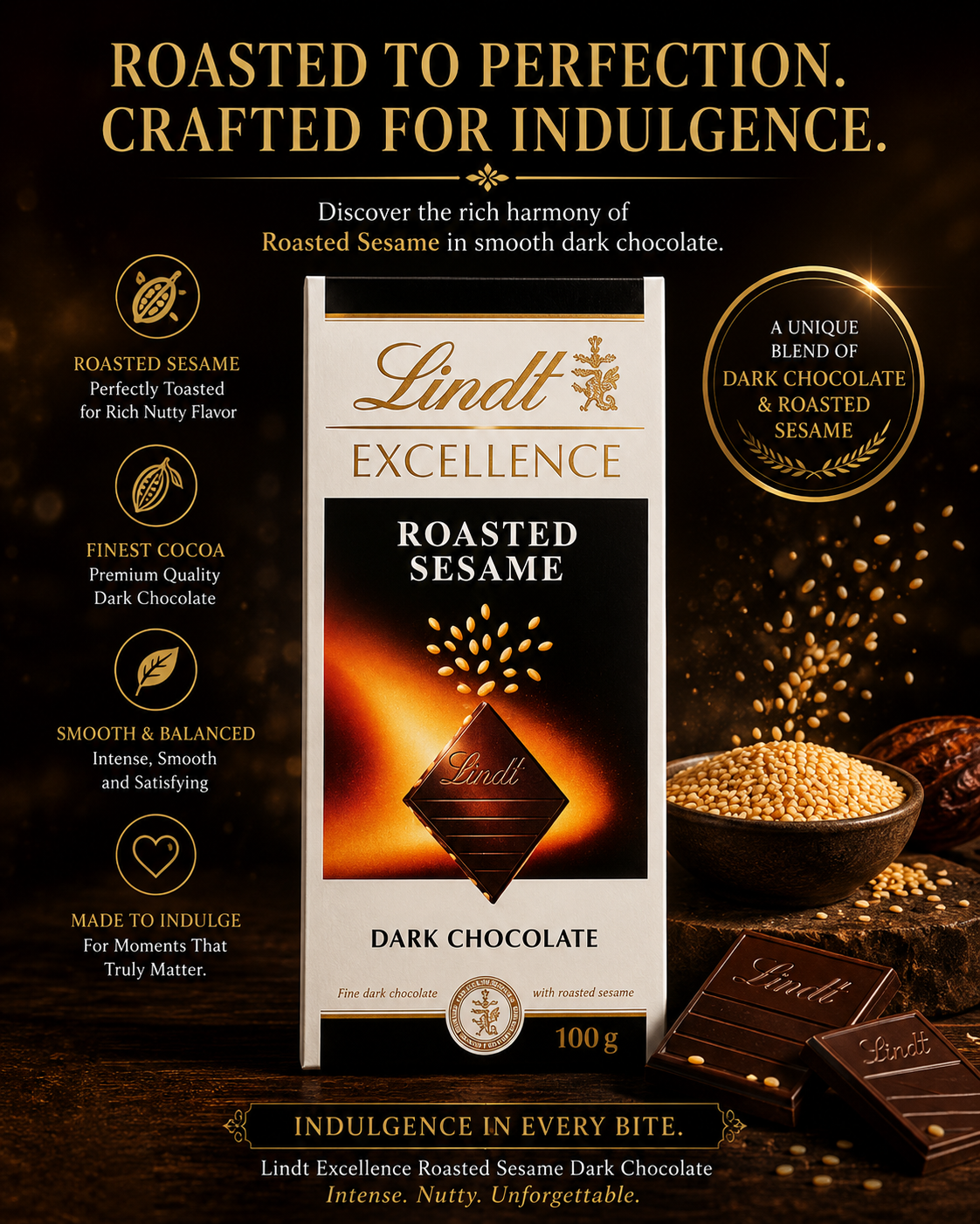Lindt Excellence Dark Chocolate Roasted Sesame 100g - Pack of 2 for Rich Taste Experience