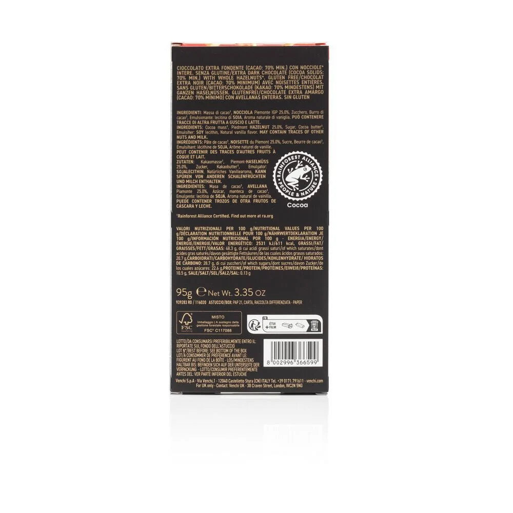 Venchi Nocciolata Fondente 70% Dark Chocolate & Whole Hazelnuts Bar - 95g